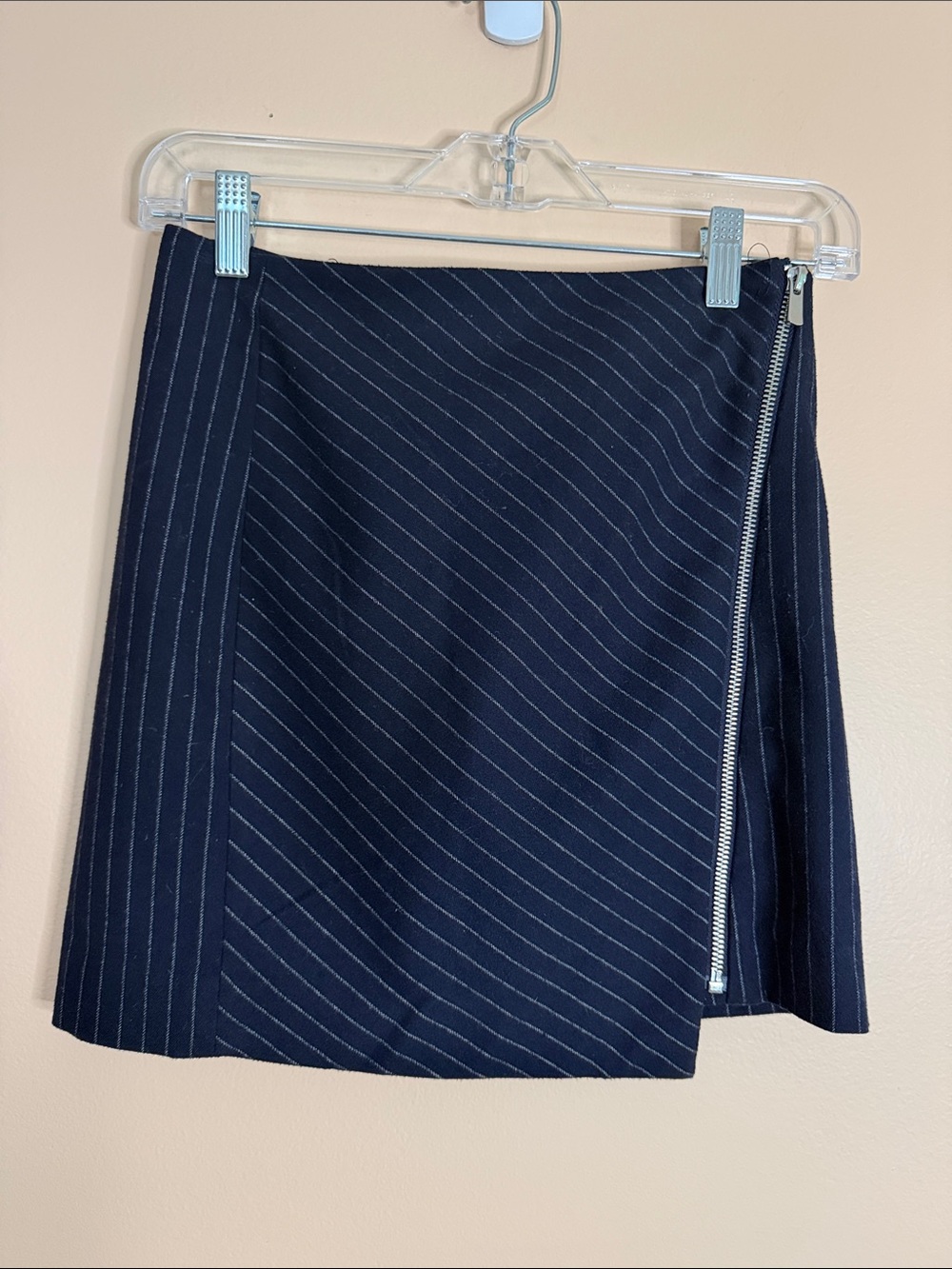 H&M Navy Pinstripe Mini Skirt with Silver Zip Accent